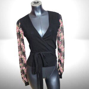RED Valentino Black Wrap Sweater Top | Sheer Floral Sleeves | IT 42